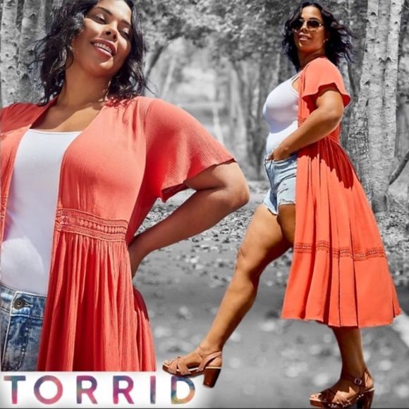 TORRID ORANGE GAUZE CROCHET DUSTER KIMONO Size 2 2XL 18/20 & 0 Large 12 NWT - Picture 2 of 12